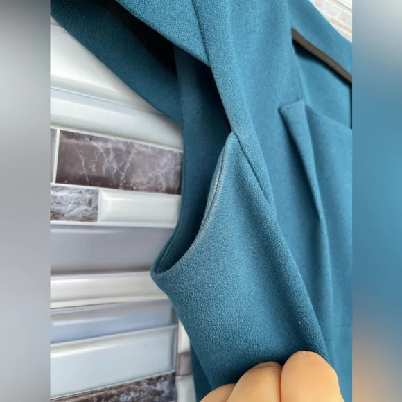 ROLAND MOURET JEDDLER TEAL CREPE CAP SLEEVE DRESS SIZE 14 - Picture 6 of 14